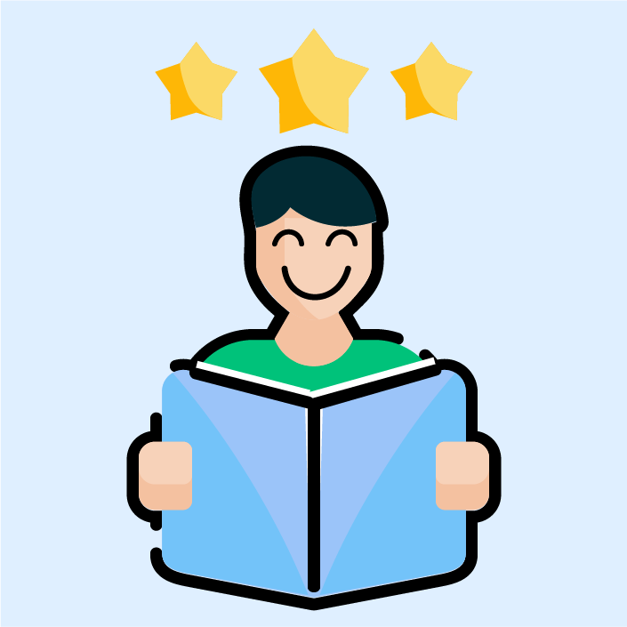 A smiling child reading a book, representing reading fluency and confidence.